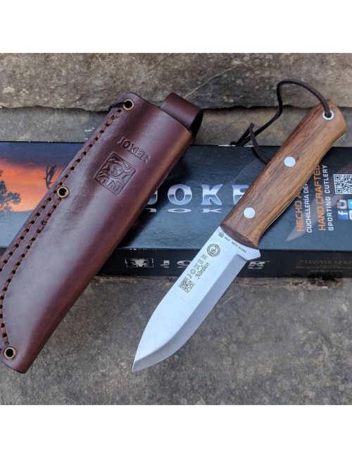 Cuchillo bushcraft Joker BS9 Nórdico CN115 con funda de cuero-madera de nogal