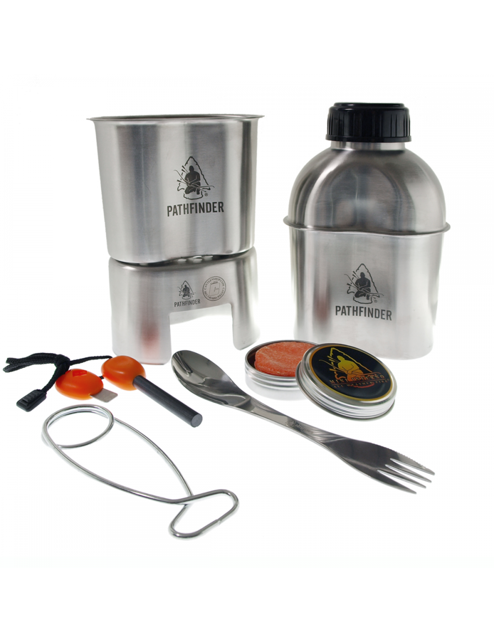 Pathfinder sistema de cocina Campfire Survival con botella de agua-acero inoxidable